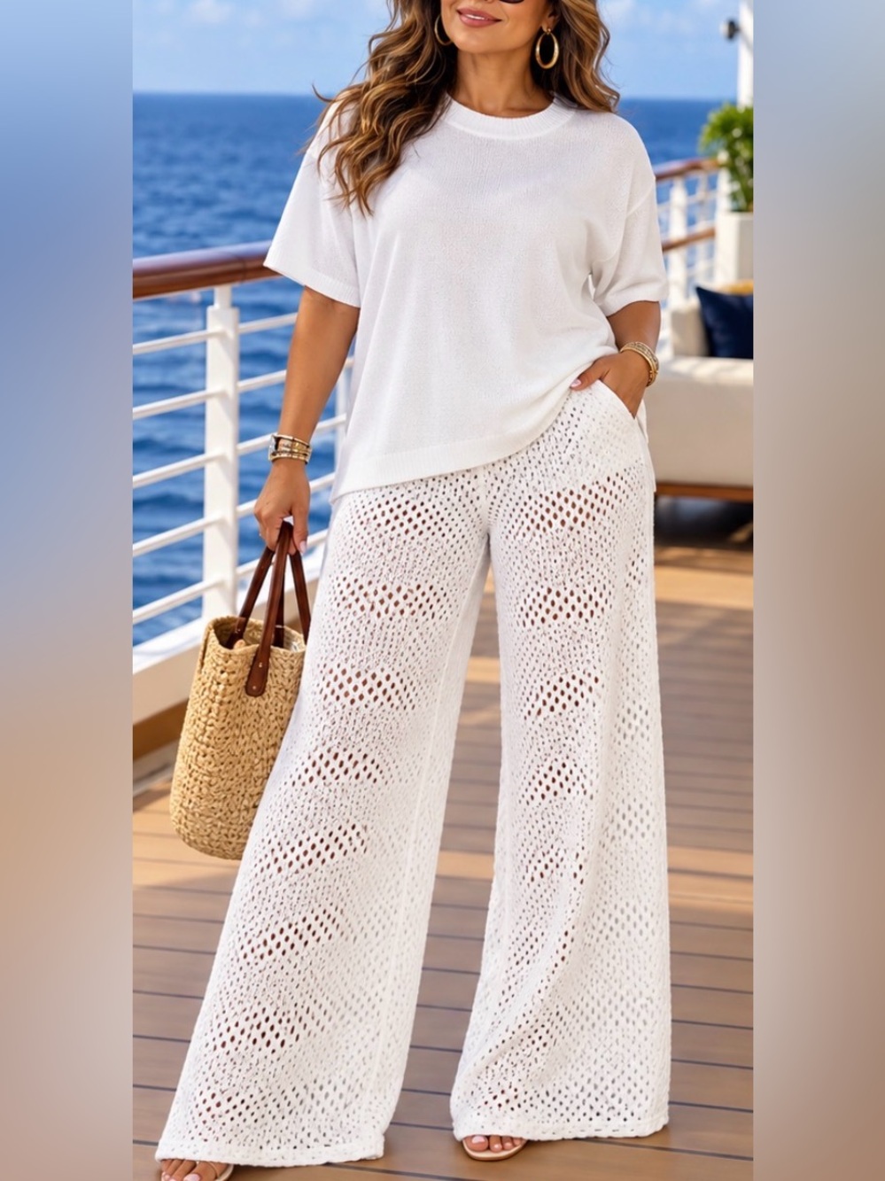 Oversized White Crochet Wide-Leg Pants & Knitted Top. Summer Beach Set. XL NWOT